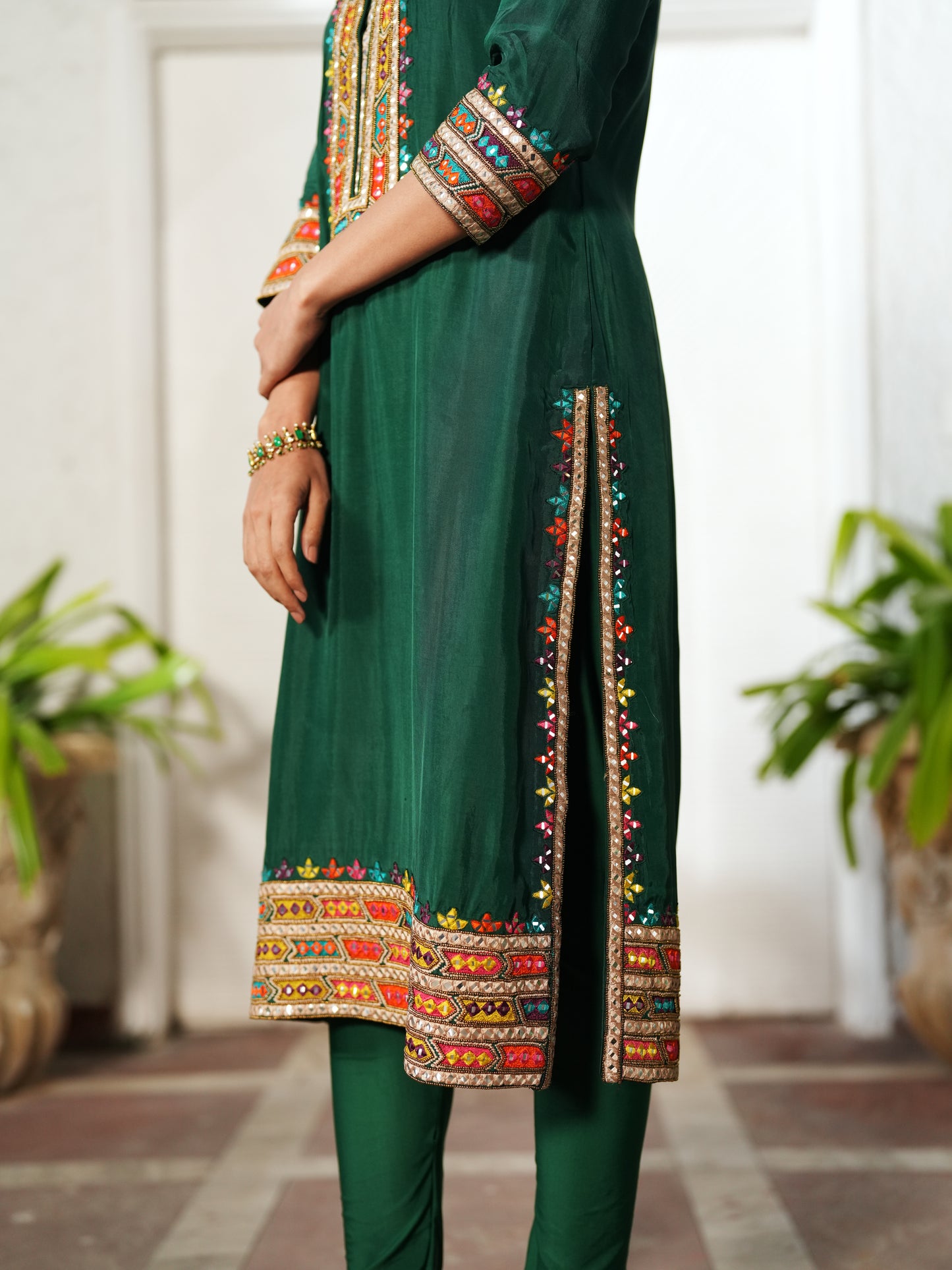 Dark Green Semi Silk Patra Work Suit Set