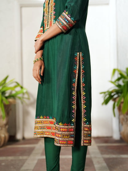 Dark Green Semi Silk Patra Work Suit Set