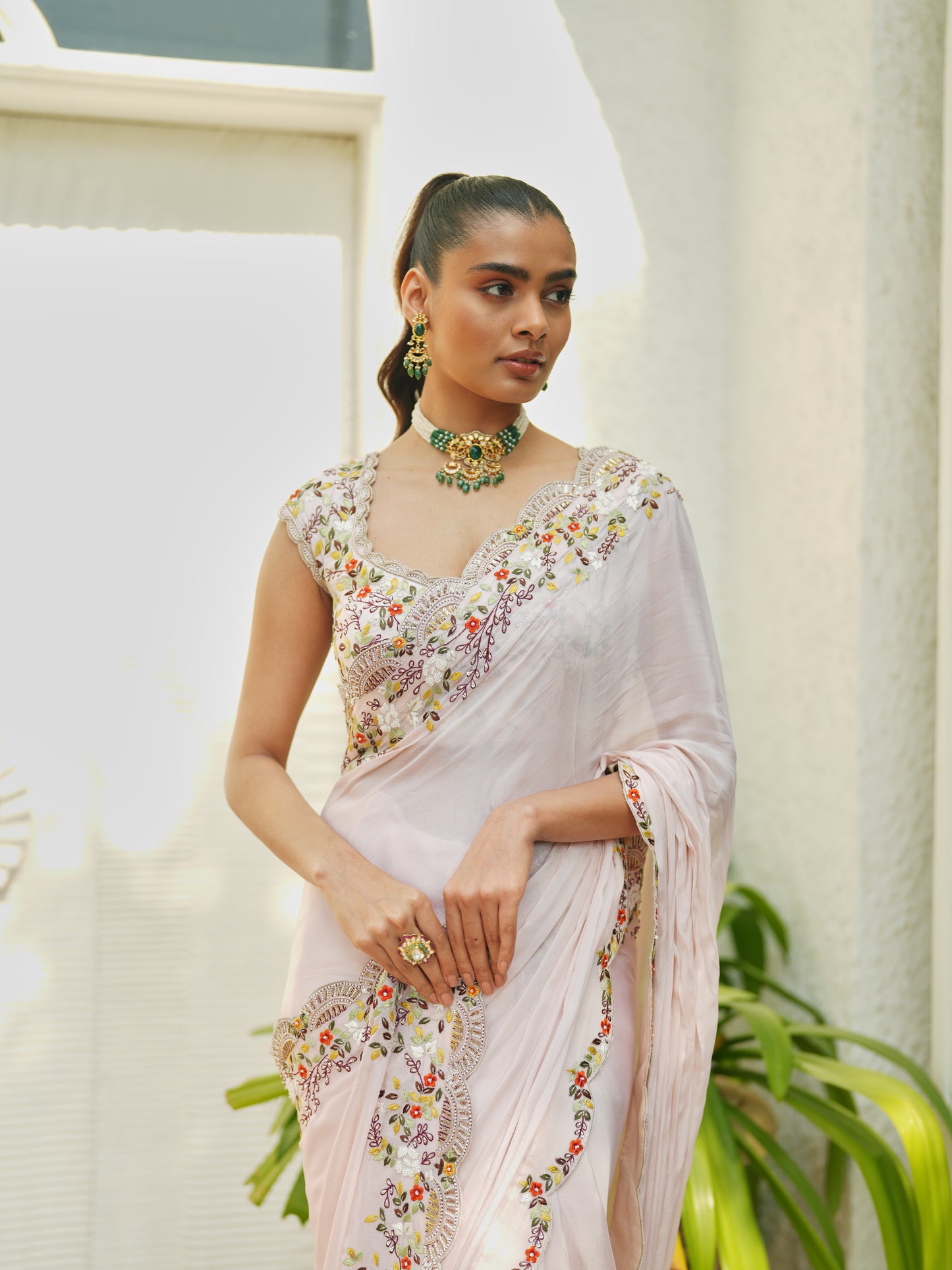 Blush Pink Chiffon Embellished Saree Set