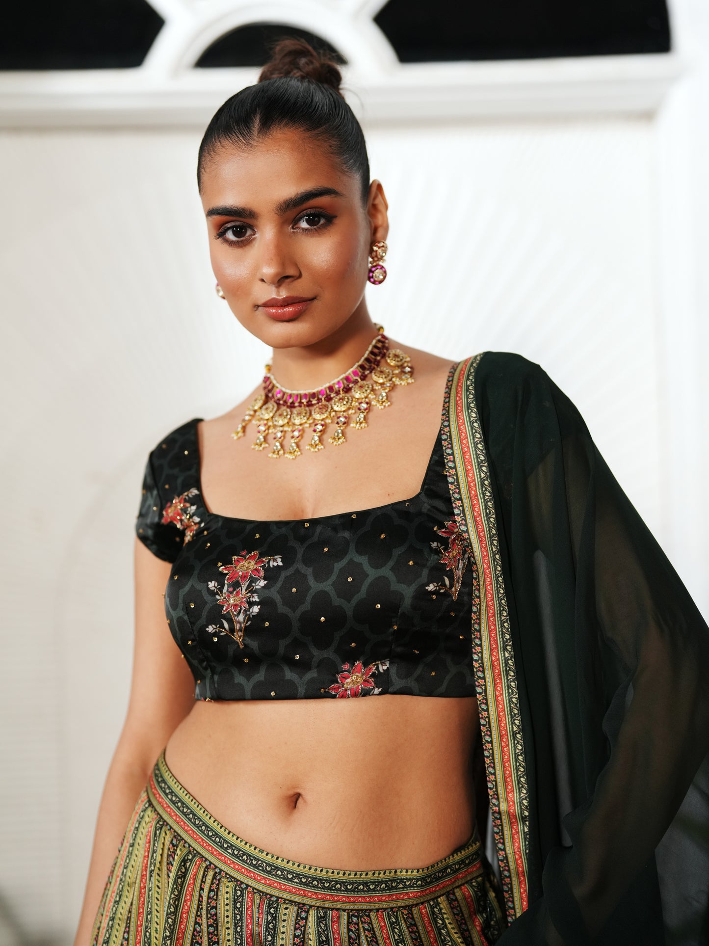 Green Modal Satin Printed Top - Pants Set