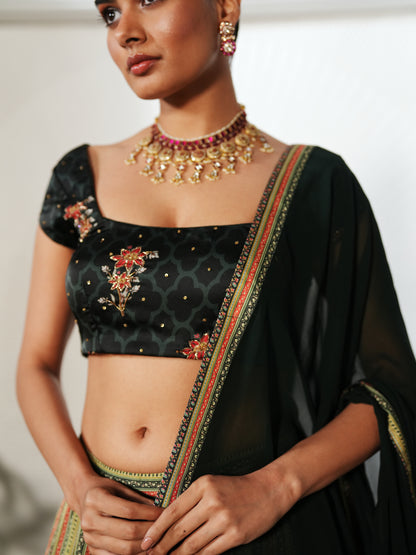 Green Modal Satin Printed Top - Pants Set