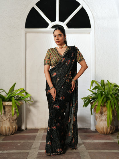 Green Modal Satin Printed Pre-stitched Saree Set