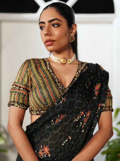 Green Modal Satin Printed Pre-stitched Saree Set