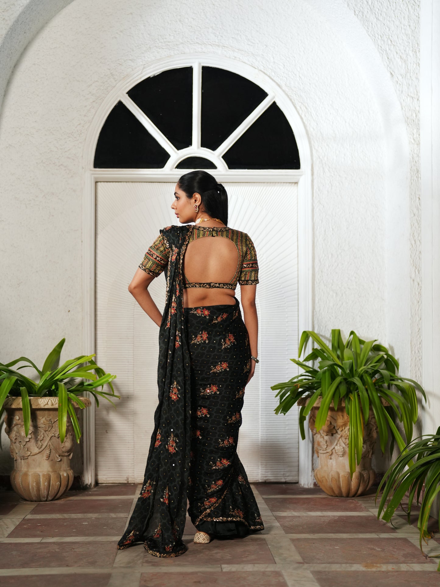 Green Modal Satin Printed Pre-stitched Saree Set