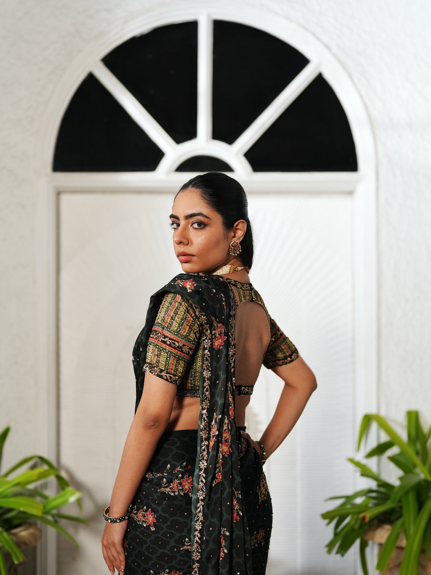 Green Modal Satin Printed Pre-stitched Saree Set