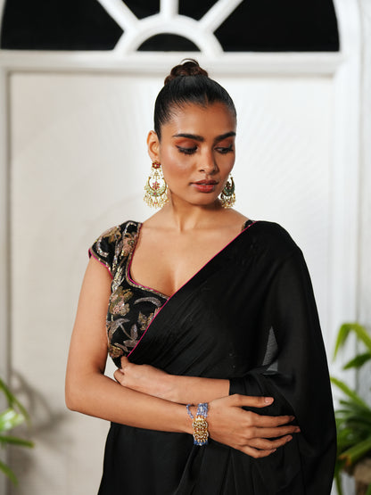 Black Chiffon Embellished Saree Set