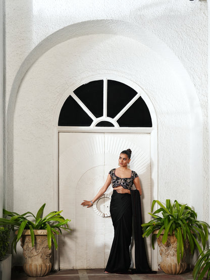Black Chiffon Embellished Saree Set