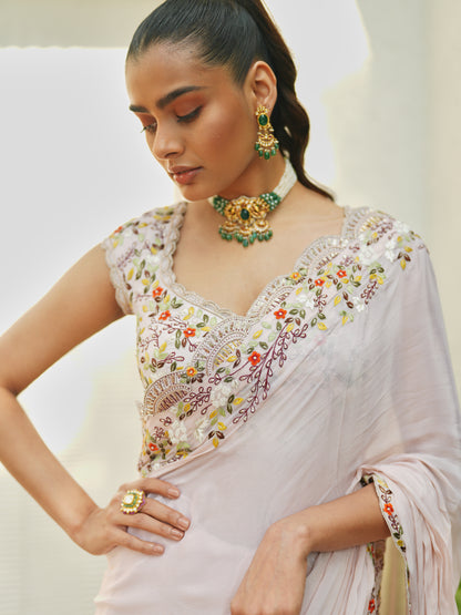 Blush Pink Chiffon Embellished Saree Set