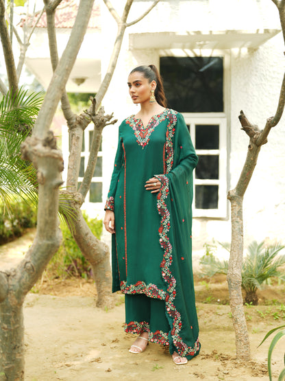 Green Chiffon Thread Embroidery Suit Set