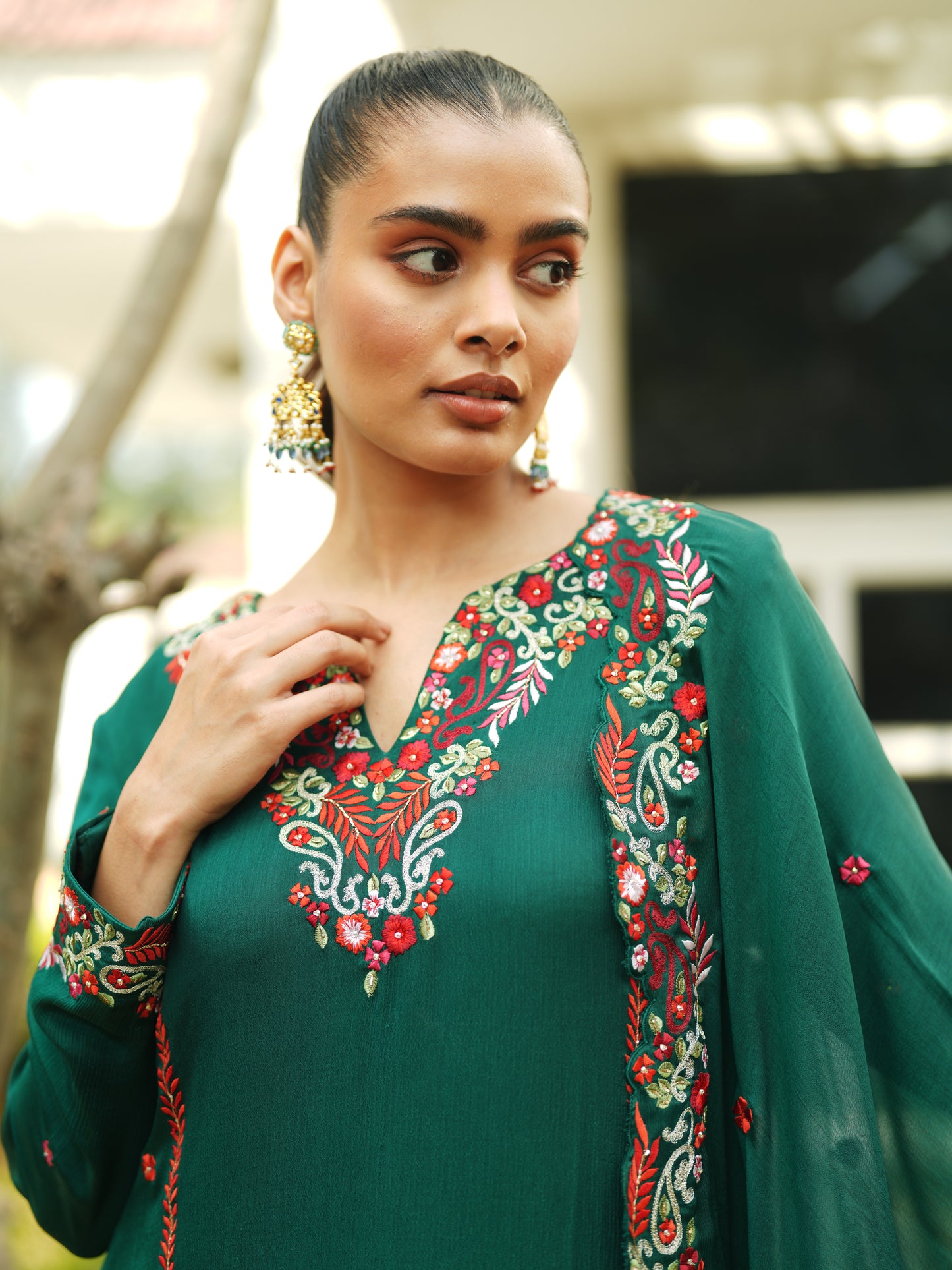 Green Chiffon Thread Embroidery Suit Set