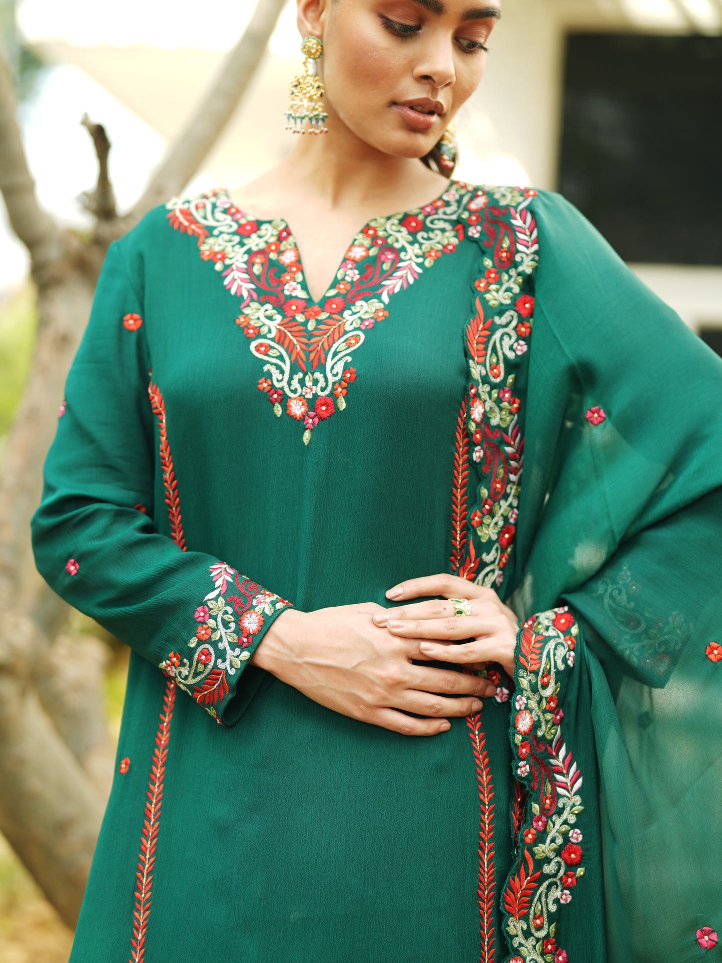 Green Chiffon Thread Embroidery Suit Set