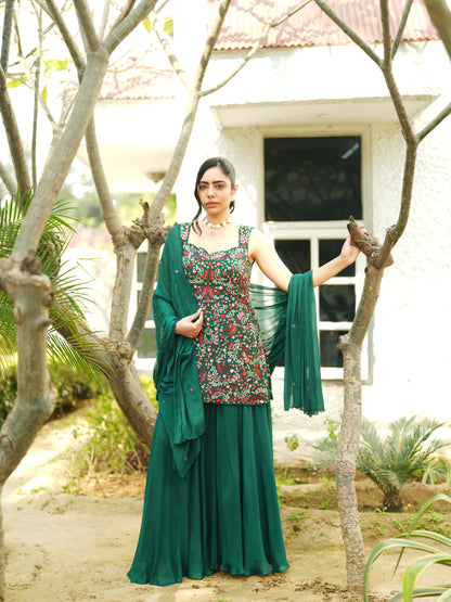 Green Chiffon Thread Embroidery Sharara Set