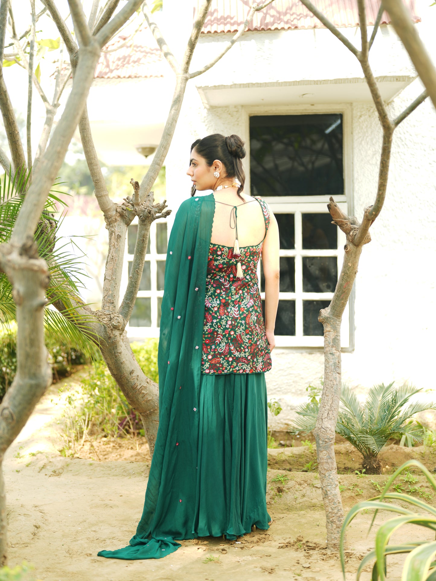 Green Chiffon Thread Embroidery Sharara Set