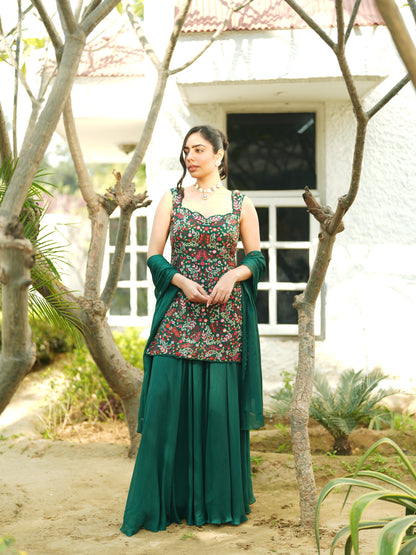 Green Chiffon Thread Embroidery Sharara Set