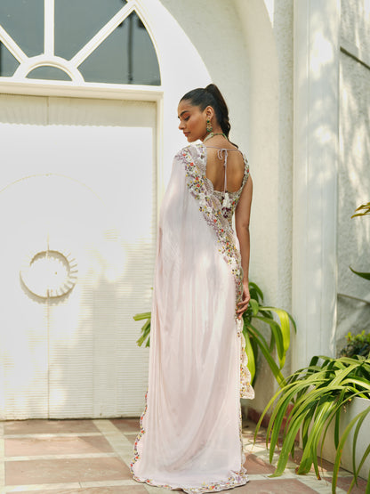 Blush Pink Chiffon Embellished Saree Set