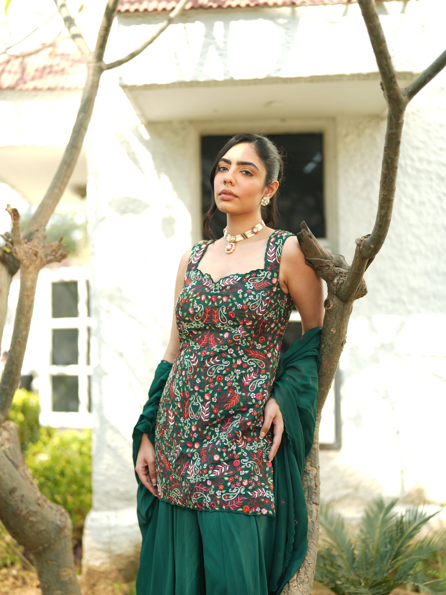 Green Chiffon Thread Embroidery Sharara Set