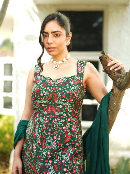 Green Chiffon Thread Embroidery Sharara Set