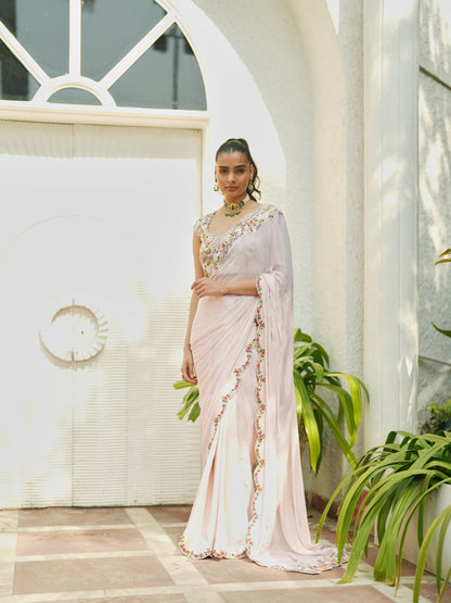 Blush Pink Chiffon Embellished Saree Set