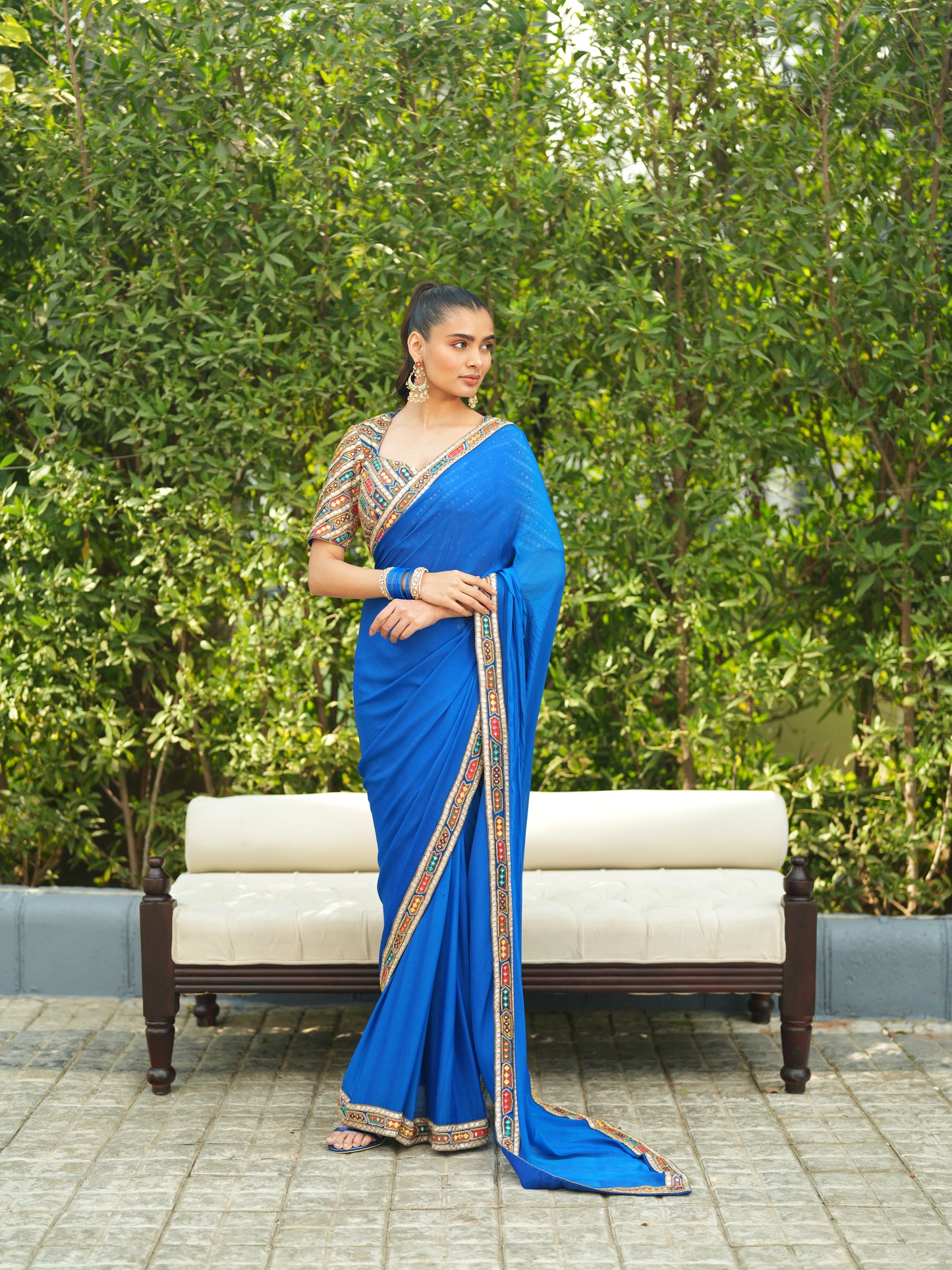 Blue Chiffon Patra Work Saree Set