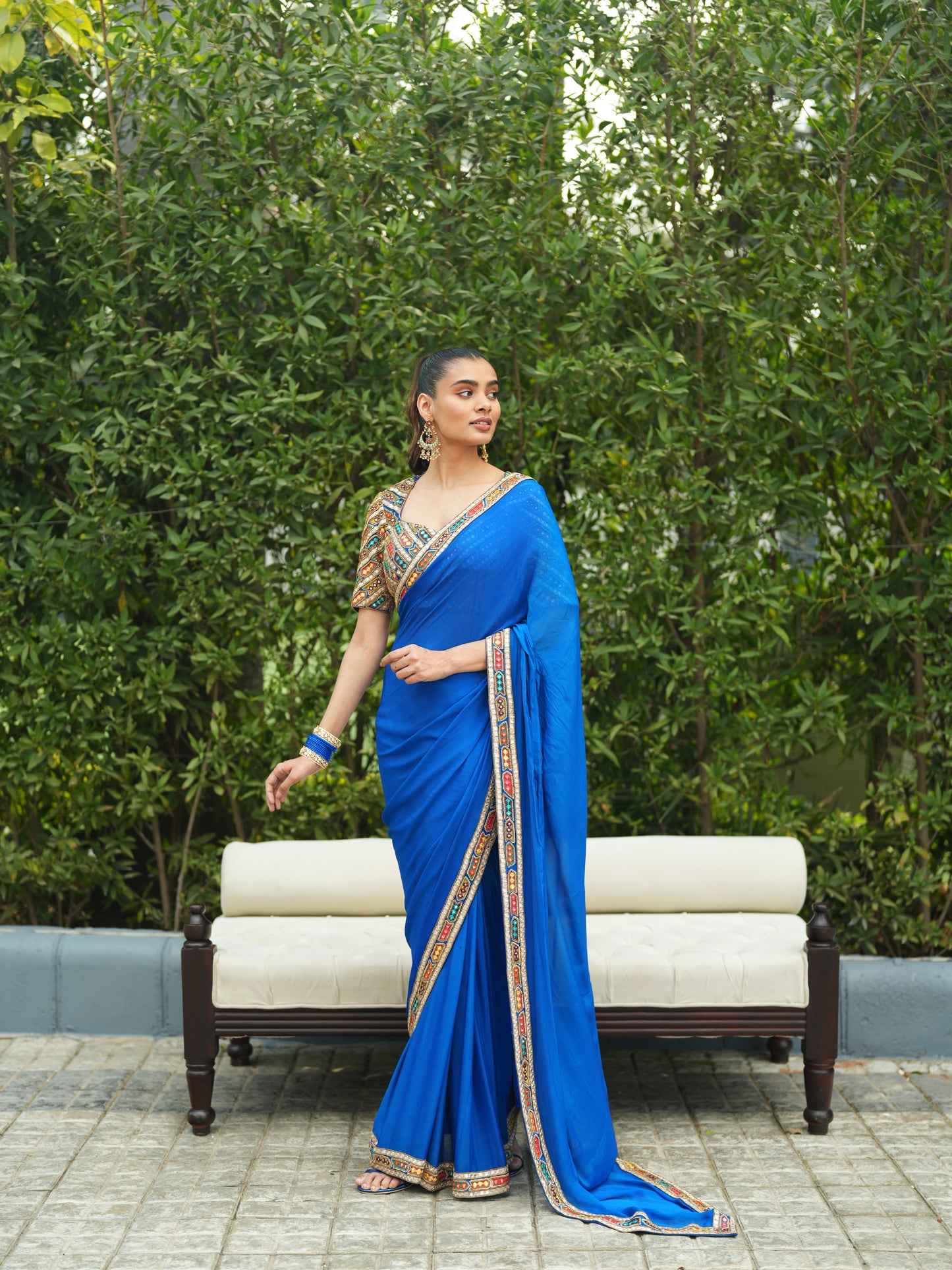 Blue Chiffon Patra Work Saree Set