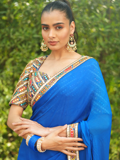 Blue Chiffon Patra Work Saree Set