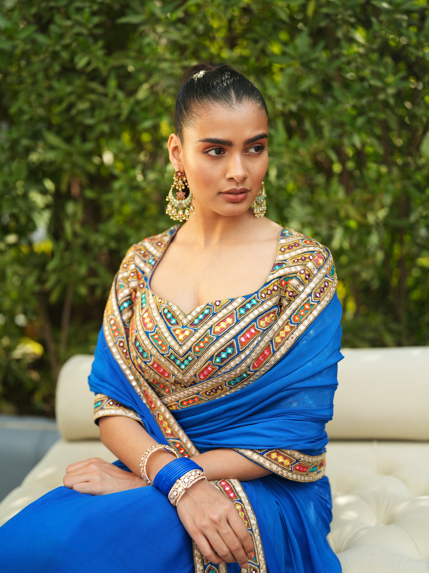 Blue Chiffon Patra Work Saree Set