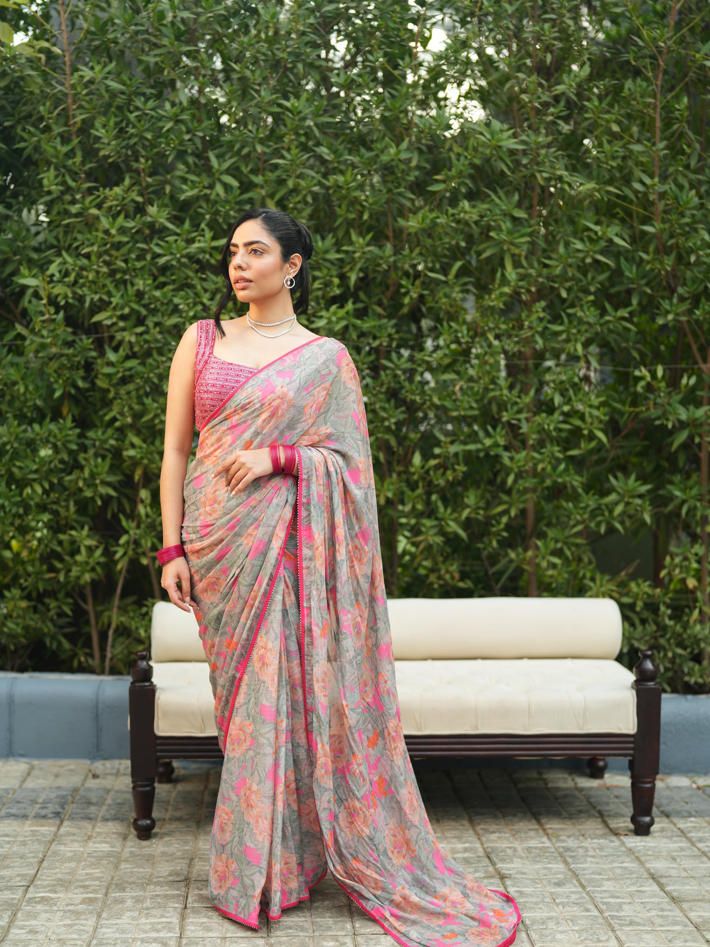 Embellished Grey Chiffon Printed Saree Set