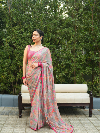 Embellished Grey Chiffon Printed Saree Set