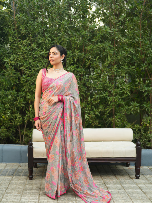 Embellished Grey Chiffon Printed Saree Set