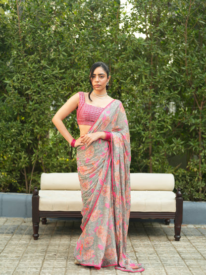 Embellished Grey Chiffon Printed Saree Set