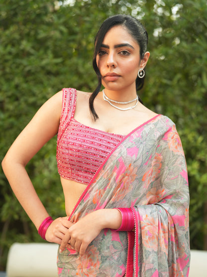 Embellished Grey Chiffon Printed Saree Set