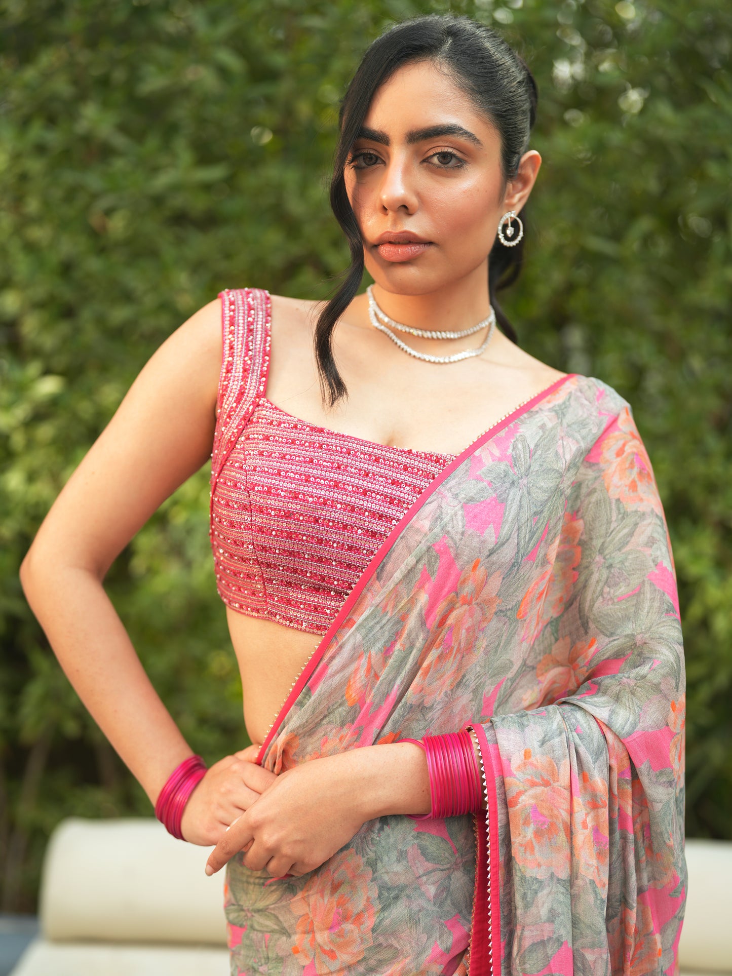 Embellished Grey Chiffon Printed Saree Set