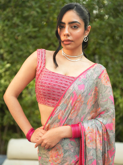 Embellished Grey Chiffon Printed Saree Set