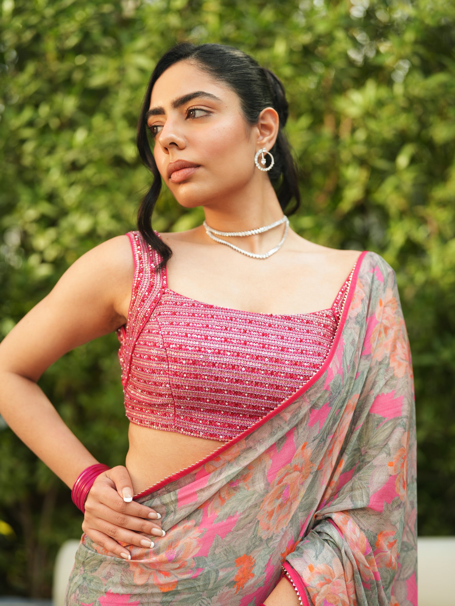 Embellished Grey Chiffon Printed Saree Set