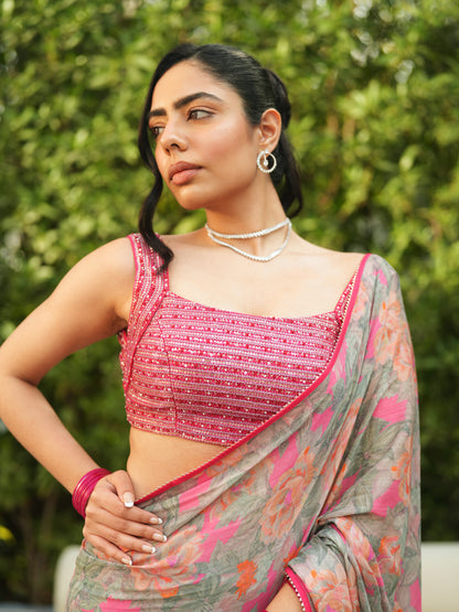 Embellished Grey Chiffon Printed Saree Set