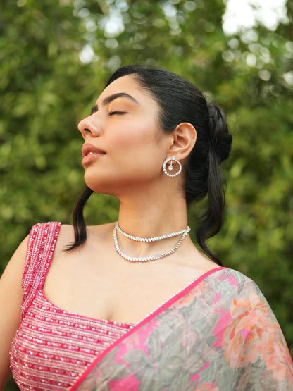 Embellished Grey Chiffon Printed Saree Set