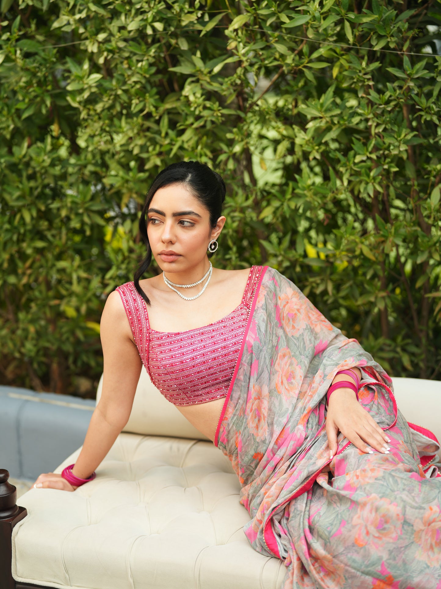 Embellished Grey Chiffon Printed Saree Set