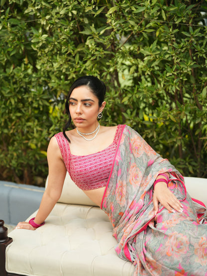 Embellished Grey Chiffon Printed Saree Set