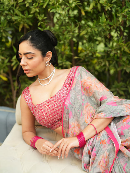 Embellished Grey Chiffon Printed Saree Set