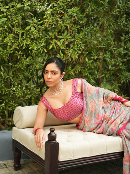 Embellished Grey Chiffon Printed Saree Set