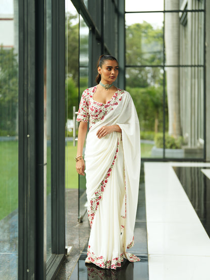 Ivory Georgette Embroidery Saree Set