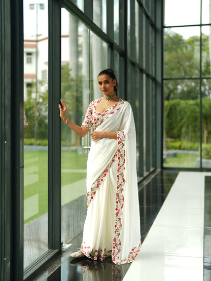 Ivory Georgette Embroidery Saree Set