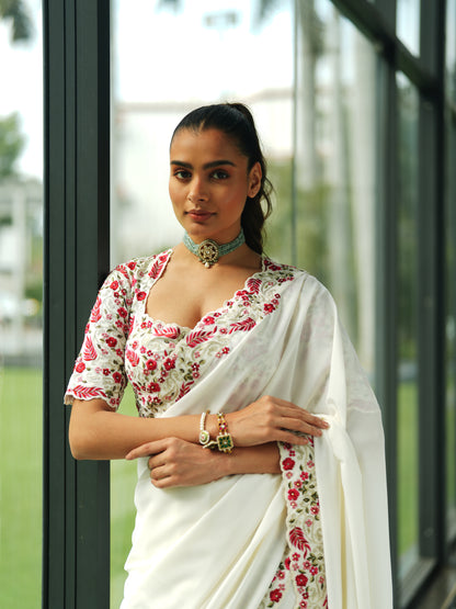 Ivory Georgette Embroidery Saree Set