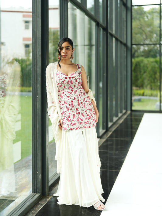Ivory Georgette Embroidery Sharara Set