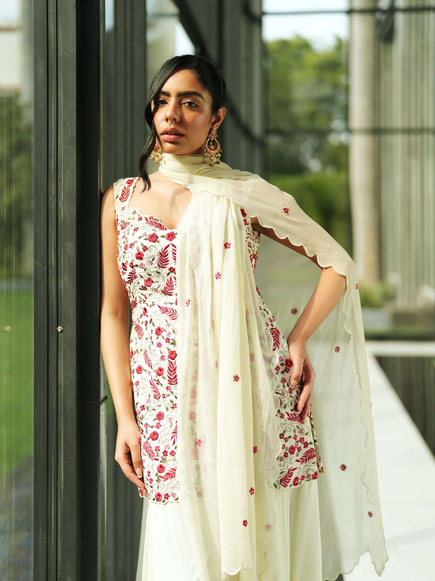 Ivory Georgette Embroidery Sharara Set