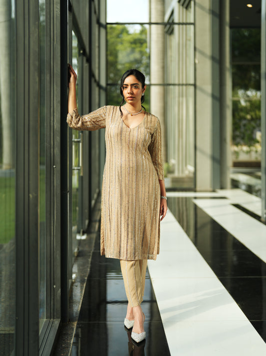 Beige Crepe Embellished Suit Set