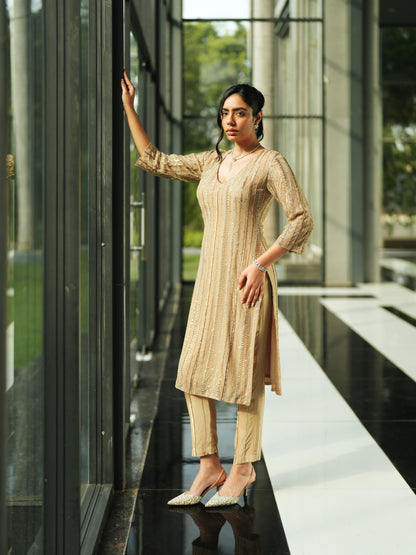 Beige Crepe Embellished Suit Set