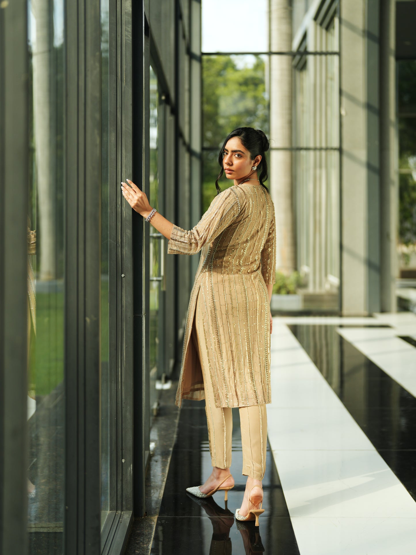 Beige Crepe Embellished Suit Set