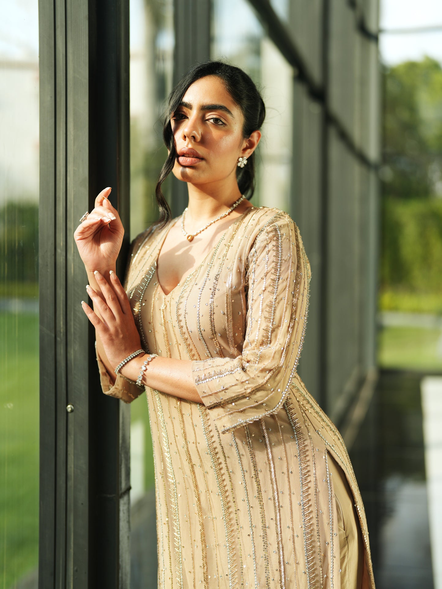 Beige Crepe Embellished Suit Set