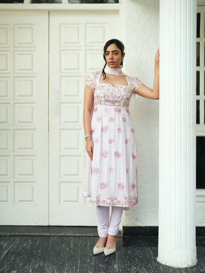 Baby Pink Chiffon Floral Embroidery Suit Set